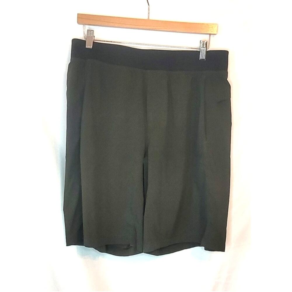 Lululemon- Men's Green striped running shorts- Black band- 11 inch- size Large